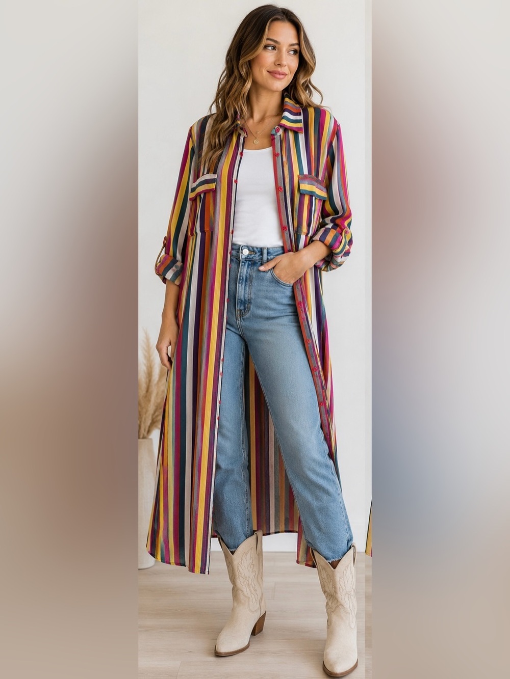 Andrée by Unit Striped Embroidered Shirt Dress Small Boho Western Colorful